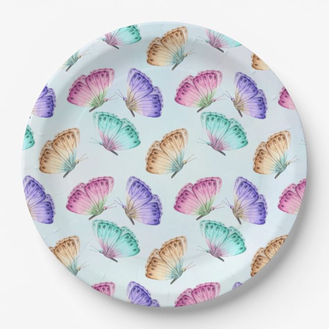 Pretty Pastel Colors Watercolor Butterfly Pattern Paper Plates (Front)