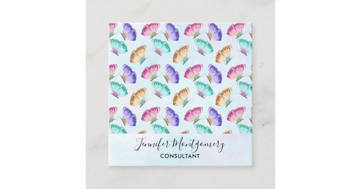 Pretty Pastel Colors Watercolor Butterfly Pattern Square Business Card Zazzle Com