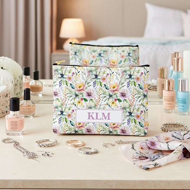 Pretty pastel floral pattern monogram accessory pouch (Creator Uploaded)