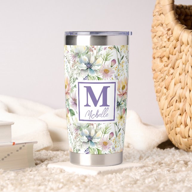 Pretty pastel floral pattern personalized insulated tumbler (Living Room)