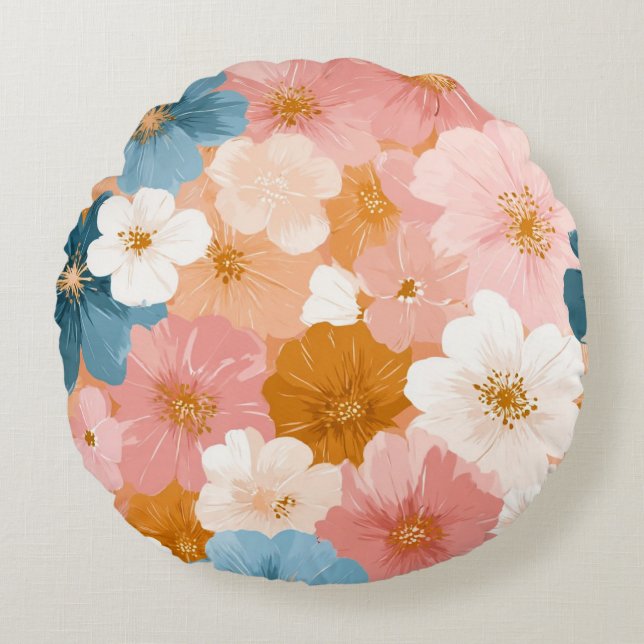 Pretty Pastel Floral Pattern Round Pillow (Front)