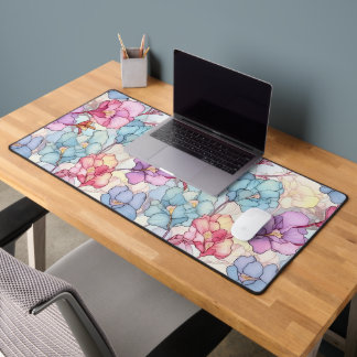 Pretty Pastel Floral Stained Glass Pink & Blue Desk Mat