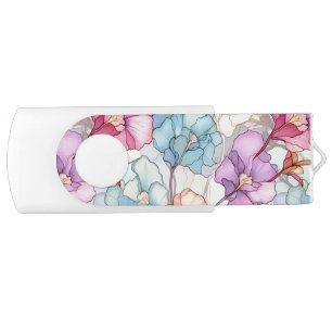 Pretty Pastel Floral Stained Glass Pink & Blue Flash Drive