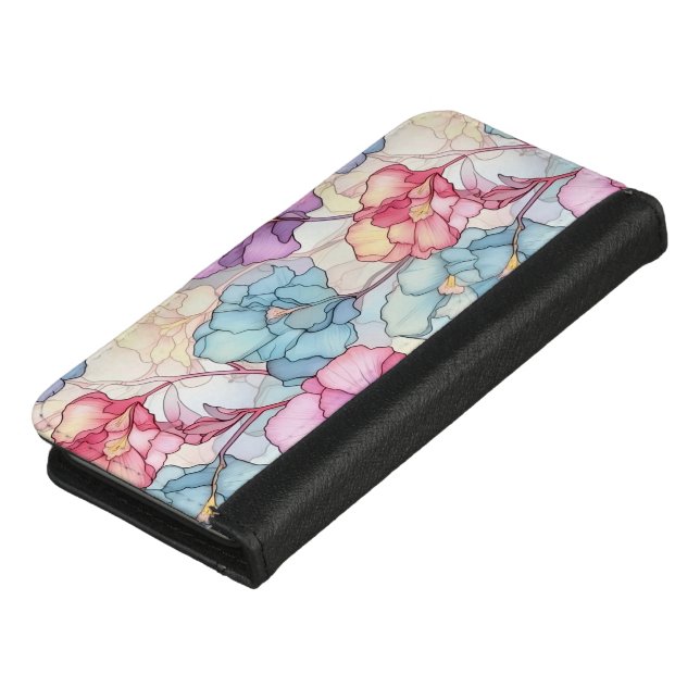 Pretty Pastel Floral Stained Glass Pink & Blue iPhone Wallet Case (Top)