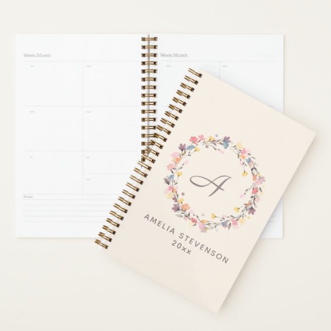 Pretty Pastel Floral Wreath Monogram Personalized Planner (Display)