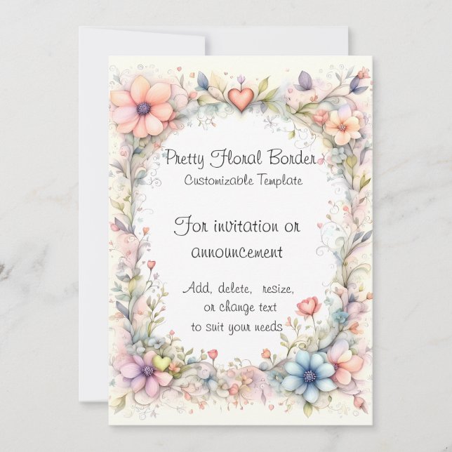 Pretty Pastel Flowers & Hearts Invitation Template (Front)