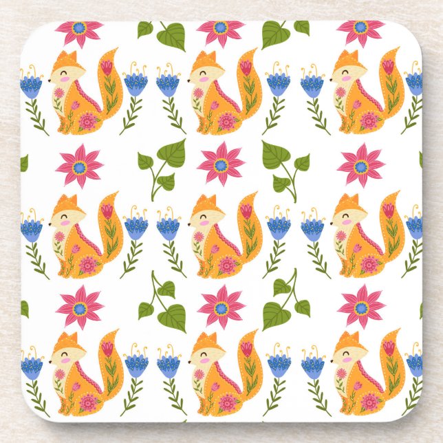 Pretty Pastel Foxy Floral Pattern Beverage Coaster (Front)