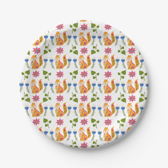 Pretty Pastel Foxy Floral Pattern Paper Plates (Front)