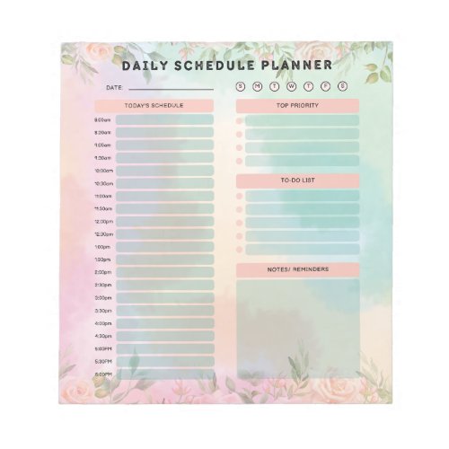 Pretty pastel Green and Peach Roses Daily Schedule Notepad