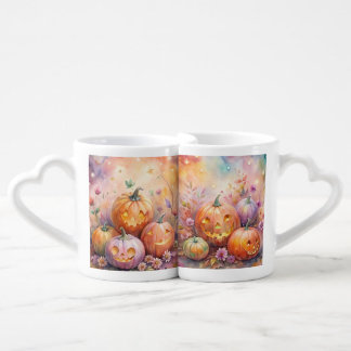 PRETTY PASTEL HALLOWEEN PUMPKINS AND SWEETS COFFEE MUG SET