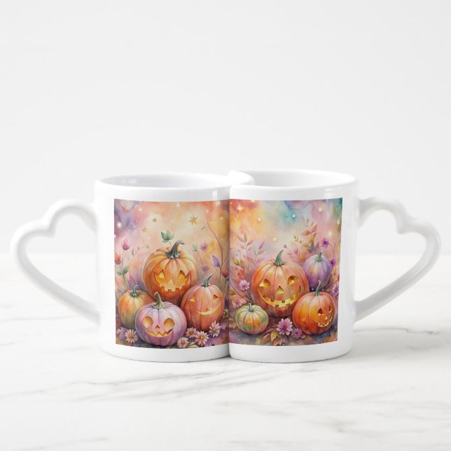 PRETTY PASTEL HALLOWEEN PUMPKINS AND SWEETS COFFEE MUG SET (Front Nesting)