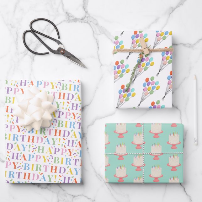 Pretty Pastel Happy Birthday Mix Wrapping Paper Sheets (Front)