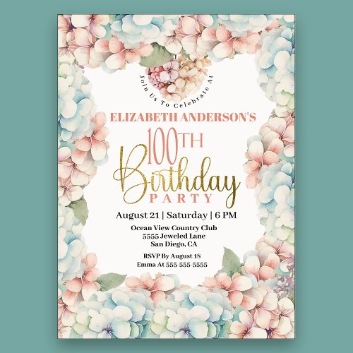 Pretty Pastel Hydrangea Flower 100th Birthday Invitation