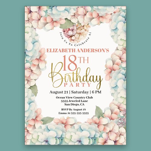Pretty Pastel Hydrangea Flower 18th Birthday Invitation
