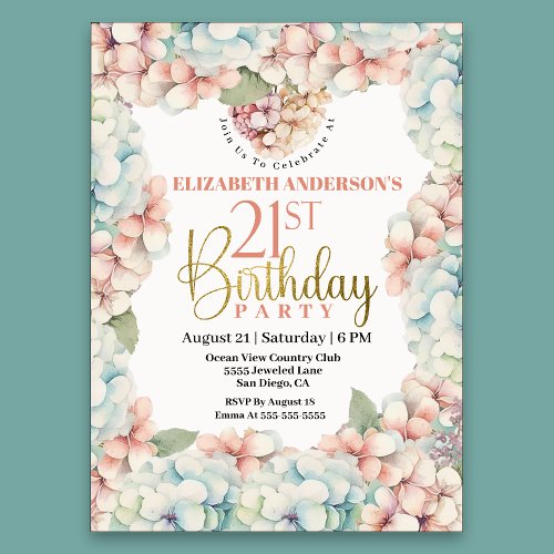 Pretty Pastel Hydrangea Flower 21st Birthday Invitation