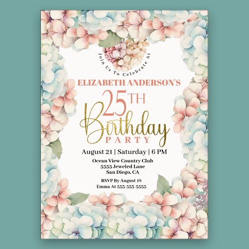 Pretty Pastel Hydrangea Flower 25th Birthday Invitation