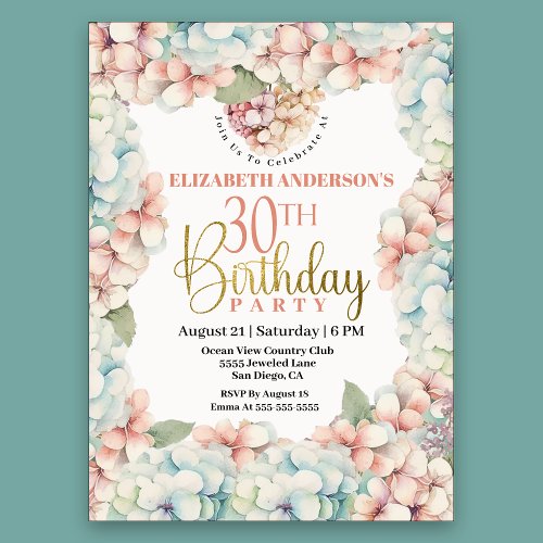 Pretty Pastel Hydrangea Flower 30th Birthday Invitation
