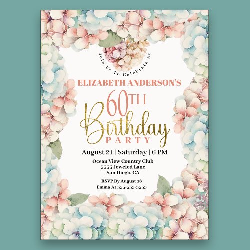 Pretty Pastel Hydrangea Flower 60th Birthday Invitation