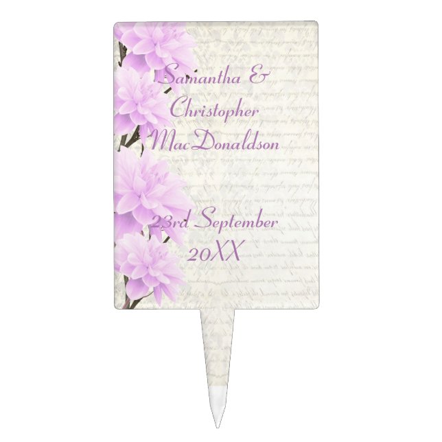 Pretty pastel lilac floral flower wedding cake topper (Front)