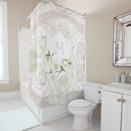 Pretty Pastel Marble Floral Monogram Shower Curtain