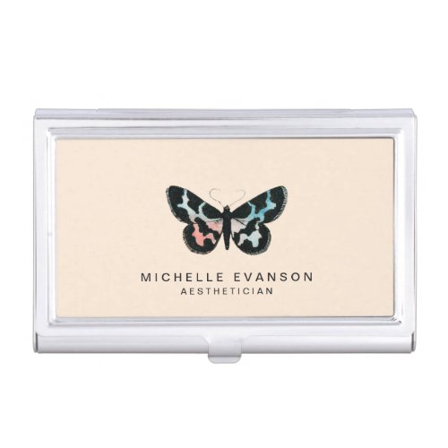 Pretty Pastel Peach Watercolor Butterfly Logo Business Card Case