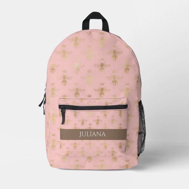 Pretty Pastel Pink and Gold Queen Bee Personalized Printed Backpack (Front)