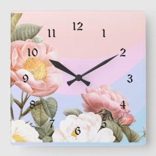 Pretty pastel pink and white roses square wall clock