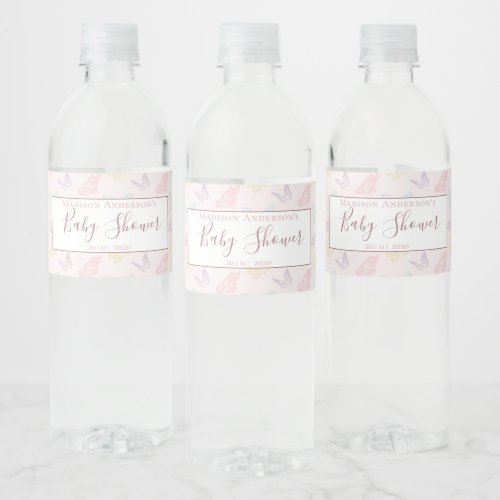 Pretty Pastel Pink Butterfly Pattern Baby Shower Water Bottle Label