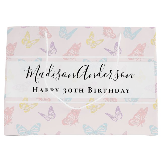 Pretty Pastel Pink Butterfly Print Happy Birthday Large Gift Bag (Front)