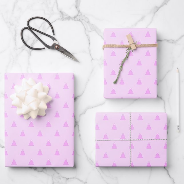 Pretty Pastel Pink Christmas Trees Pattern Wrapping Paper Sheets (Front)