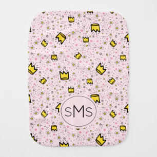 Pretty Pastel Pink Crown Doodle Pattern Monogram Baby Burp Cloth