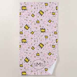 Pretty Pastel Pink Crown Doodle Pattern Monogram Beach Towel