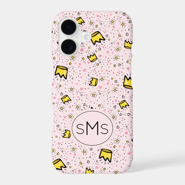 Pretty Pastel Pink Crown Doodle Pattern Monogram Iphone Case (Back)