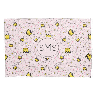 Pretty Pastel Pink Crown Doodle Pattern Monogram Pillow Case