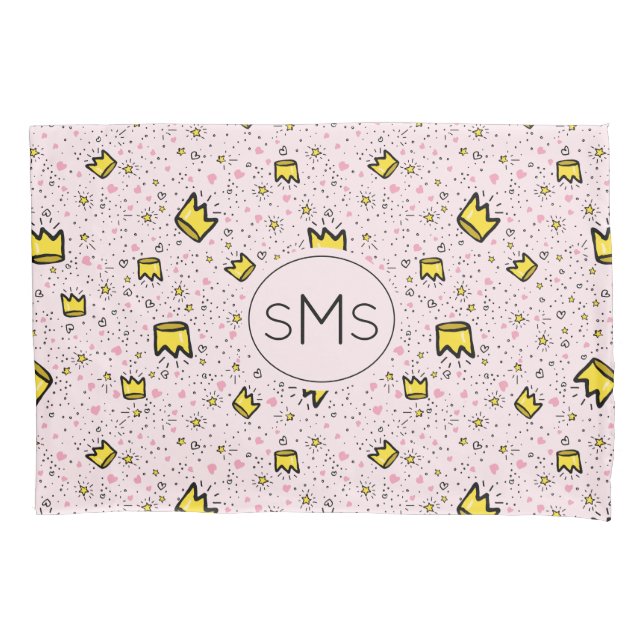 Pretty Pastel Pink Crown Doodle Pattern Monogram Pillow Case (Front)
