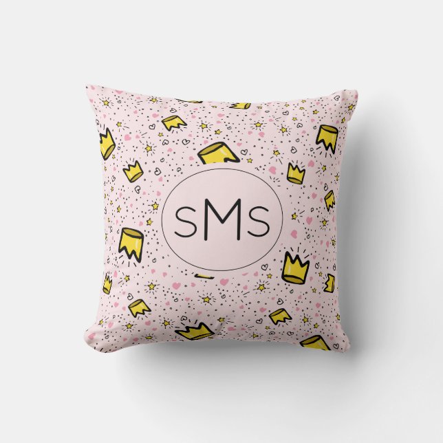 Pretty Pastel Pink Crown Doodle Pattern Monogram Throw Pillow (Front)