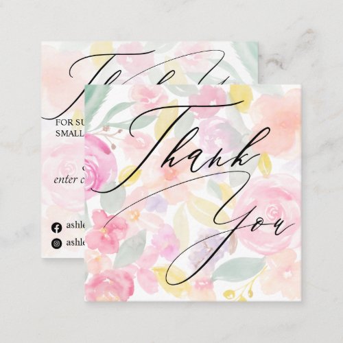 Pretty pastel pink floral  pattern order thank you square business card