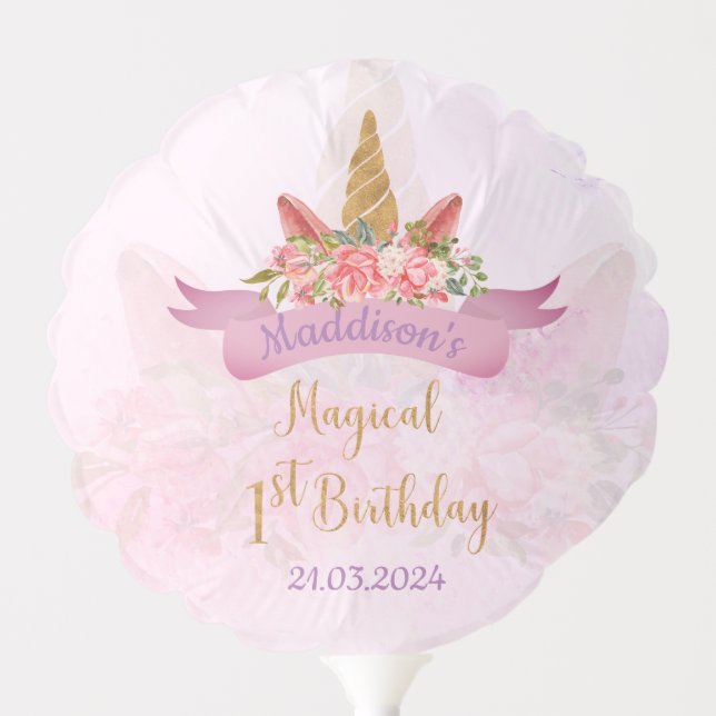 Pretty Pastel Pink Floral Unicorn Birthday Party Balloon (Front)