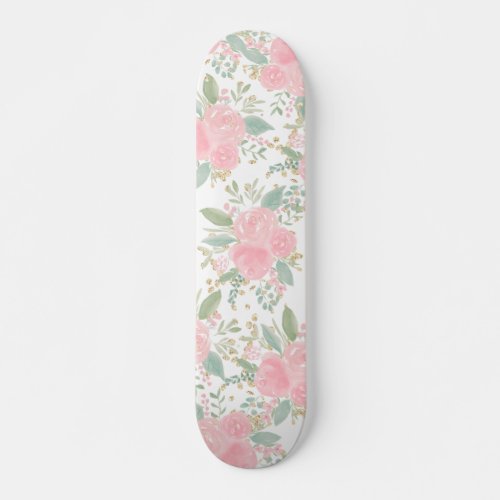 Pretty pastel pink floral watercolor gold glitter skateboard
