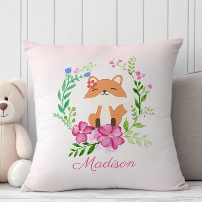 Pretty pastel pink girly floral baby fox nursery throw pillow (Creator Uploaded)