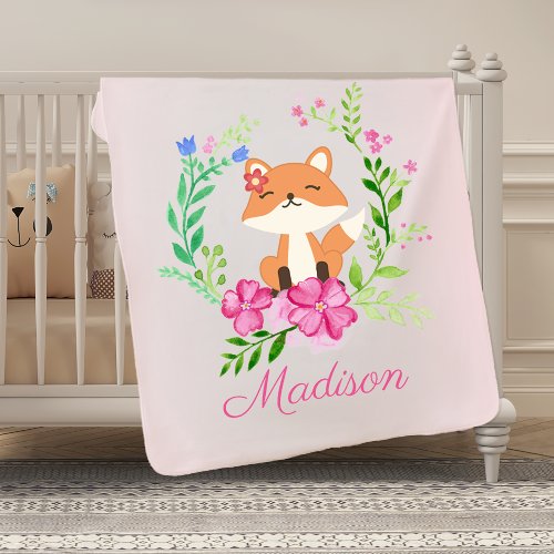 Pretty pastel pink girly floral baby name fox baby burp cloth
