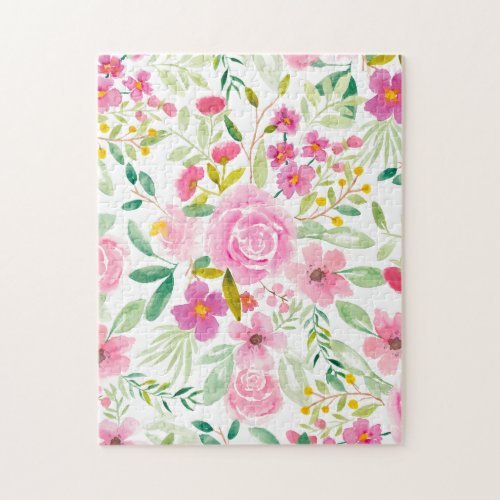 Pretty pastel pink green floral watercolor pattern jigsaw puzzle