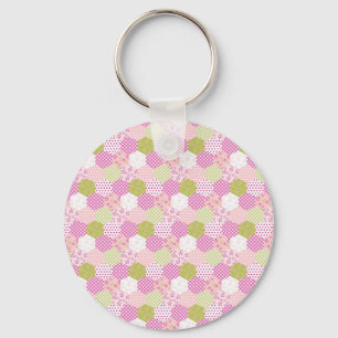 Pretty Pastel Pink Green Patchwork Quilt Design Keychain