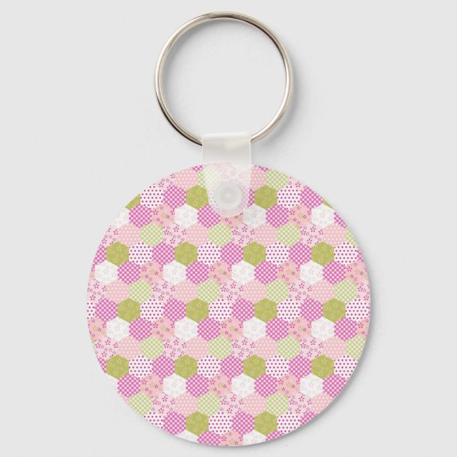 Pretty Pastel Pink Green Patchwork Quilt Design Keychain (Front)