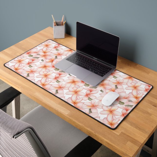 Pretty Pastel Pink Plumeria Frangipani Floral Desk Mat (Office 2)