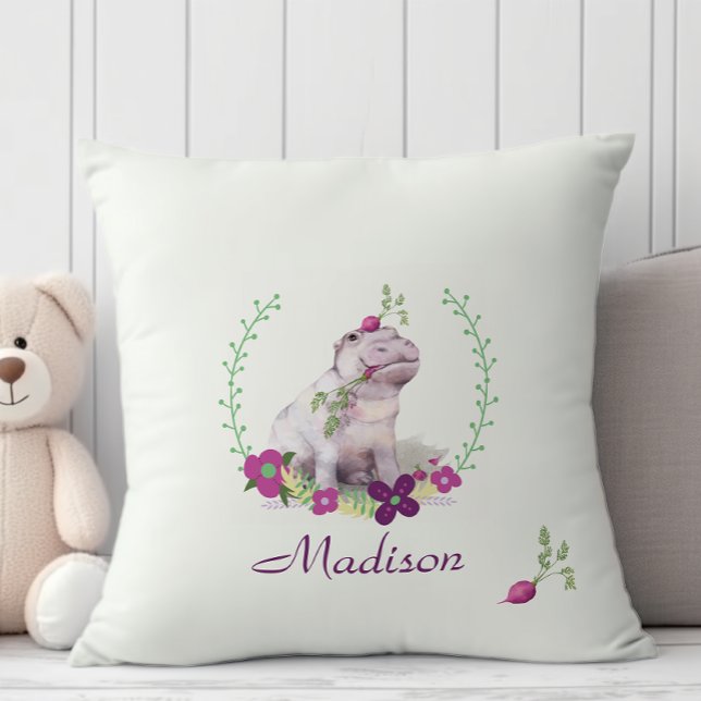 Pretty pastel pink purple floral girly baby hippo throw pillow (Creator Uploaded)