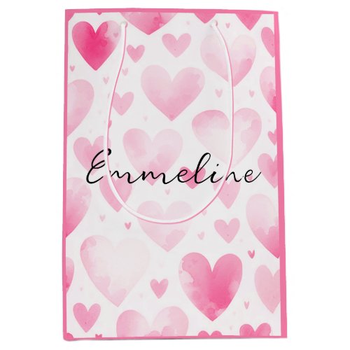 Pretty Pastel Pink Watercolor Hearts Custom Name Medium Gift Bag