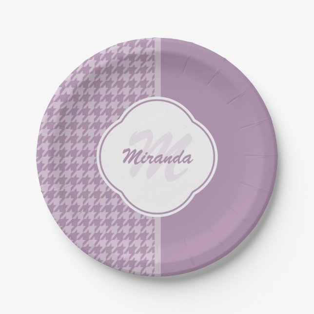 Pretty Pastel Purple Houndstooth Monogram and Name Paper Plates (Front)