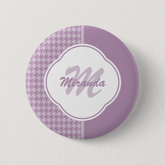 Pretty Pastel Purple Houndstooth Monogram and Name Pinback Button (Front)