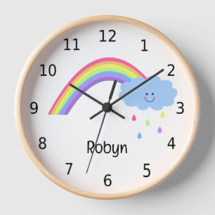 Pretty pastel rainbow and rain, personalized clock